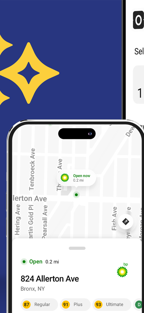 earnify - earnify app map interface showing the location of a nearby BP gas station with address and fuel types