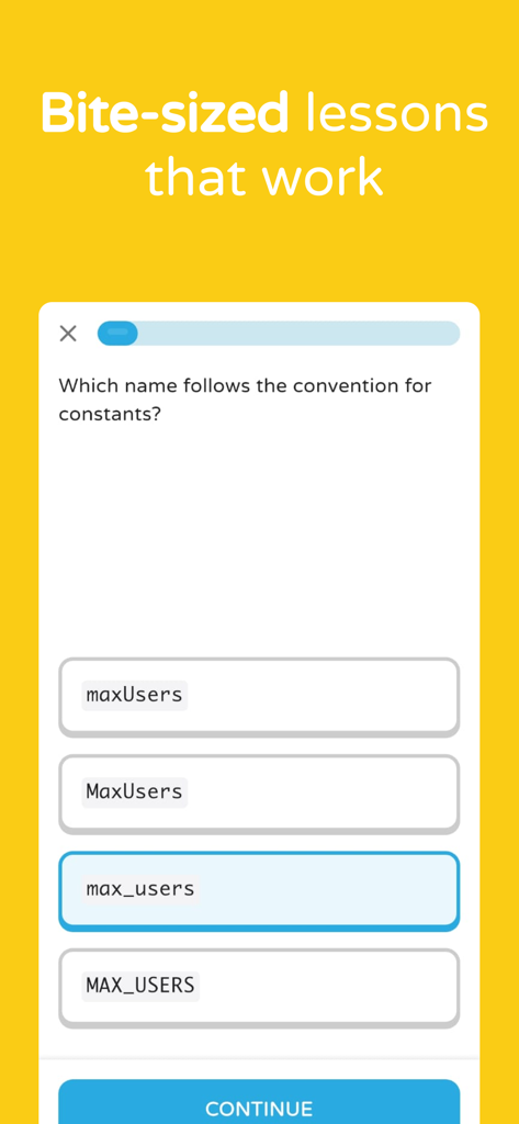 Coddy: Learn Coding Daily - Un quiz de codage dans l'application Coddy demandant des conventions de nommage pour les constantes.