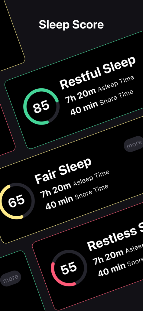 A comparison of different sleep score categories in the Rem app showing restful, fair, and restless sleep ratings with snore time data.