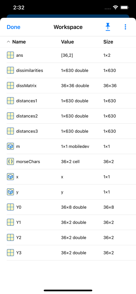 A list of variables in the MATLAB Mobile workspace showing name value and size