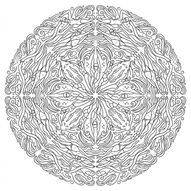 Explore the rhythmic beauty of swimming with this unique mandala design. Graceful freestyle swimmers are woven into an intricate, symmetrical pattern, inviting a serene coloring experience.