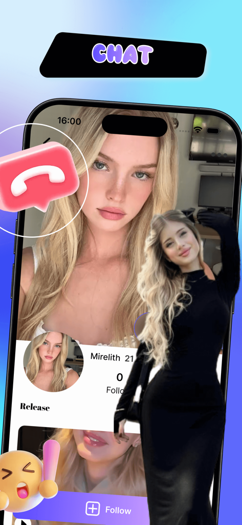 Soulin：Online Chat，Video Share - The Soulin app chat screen displaying a user profile with follow and video options