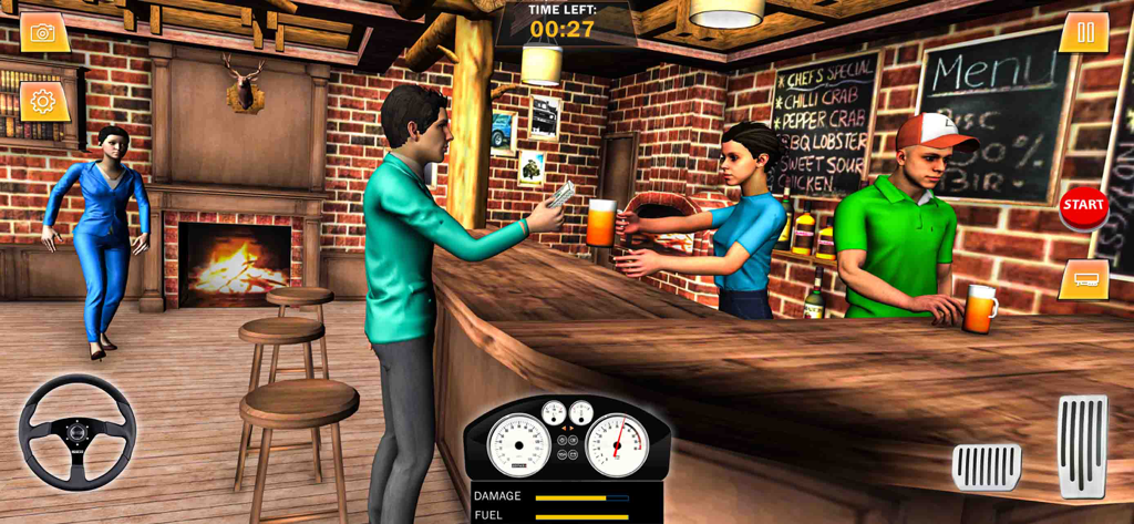 Gas Station Junkyard Sim Game - Un personaje pagando una bebida en un bar dentro del juego Gas Station Junkyard Sim