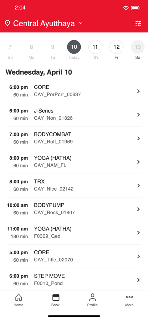 Jetts Fitness Thailandアプリのグループレッスンクラススケジュールとセントラルアユタヤのロケーションの予約画面
