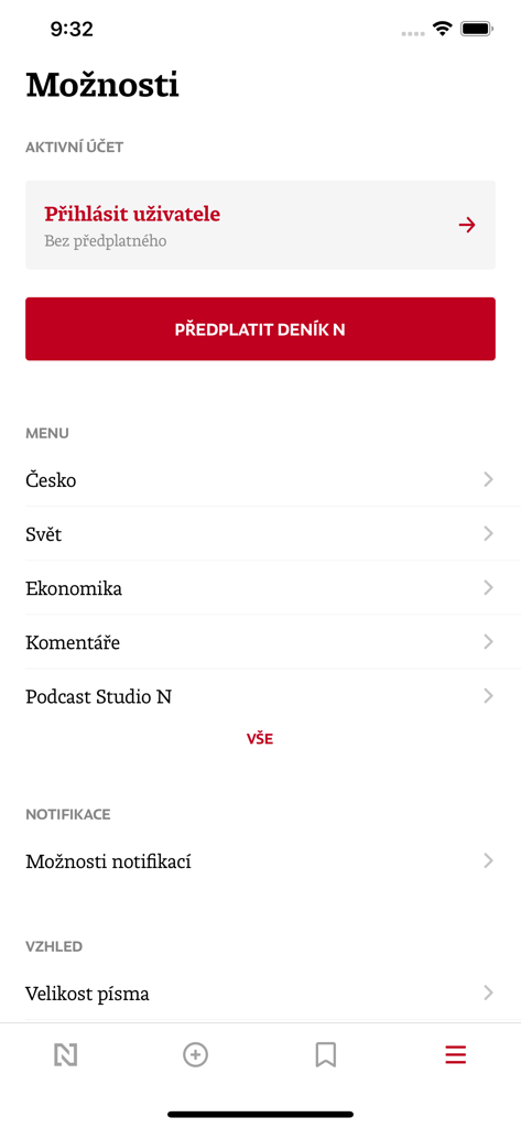 Deník N - User settings and subscription page in the Denik N news app