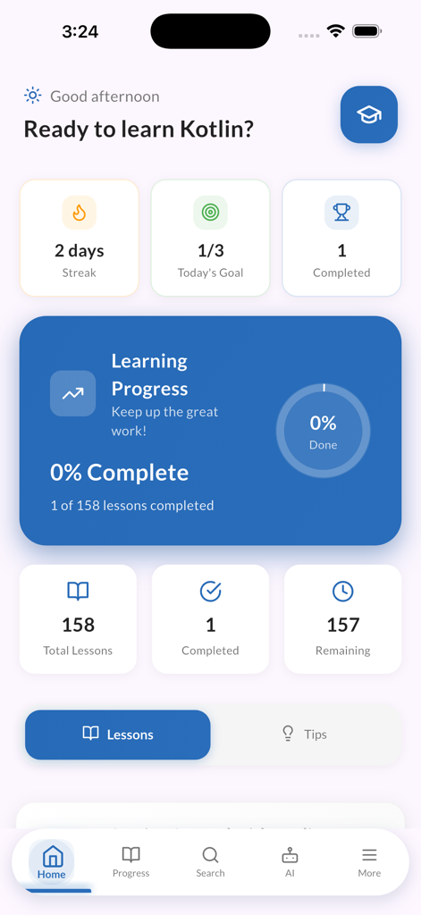 Learn Kotlin Coding With AI - Painel do aplicativo de codificação Kotlin mostrando o progresso de aprendizagem e sequências diárias