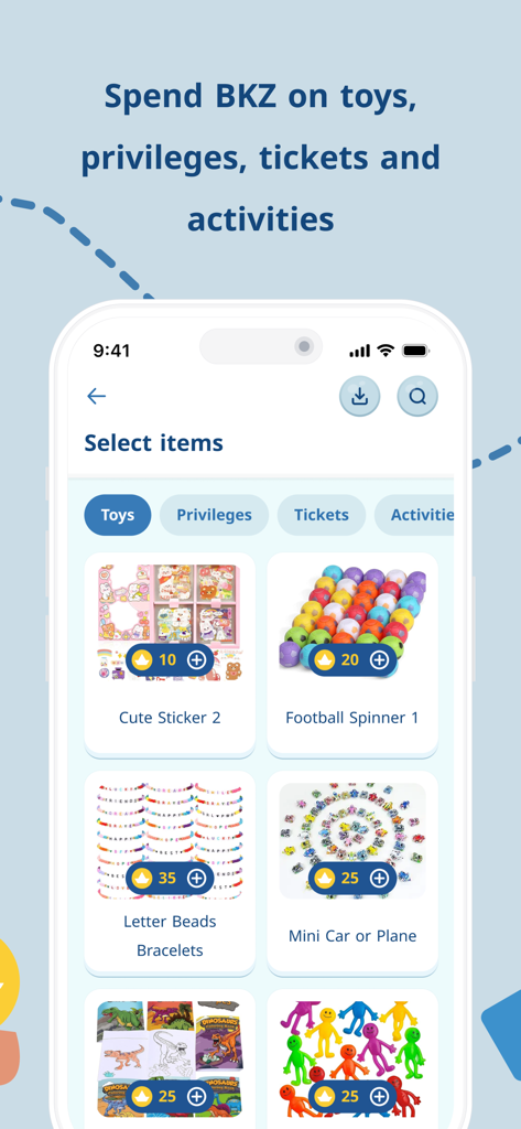 Bankee - Bankee app interface showing a virtual marketplace where students can spend BKZ currency on toys and activities