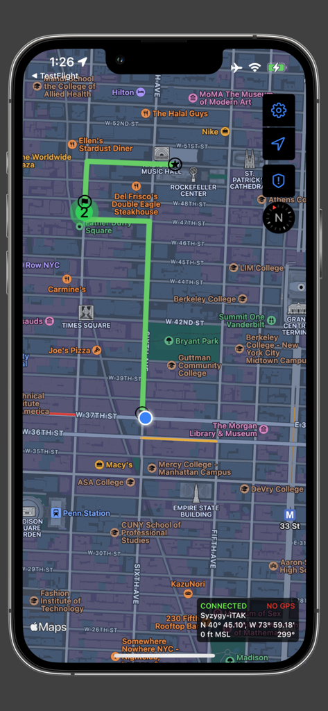 iTAK - iTAK mobile app interface showing a 2D map of Manhattan with a highlighted green route and tactical geospatial data overlays