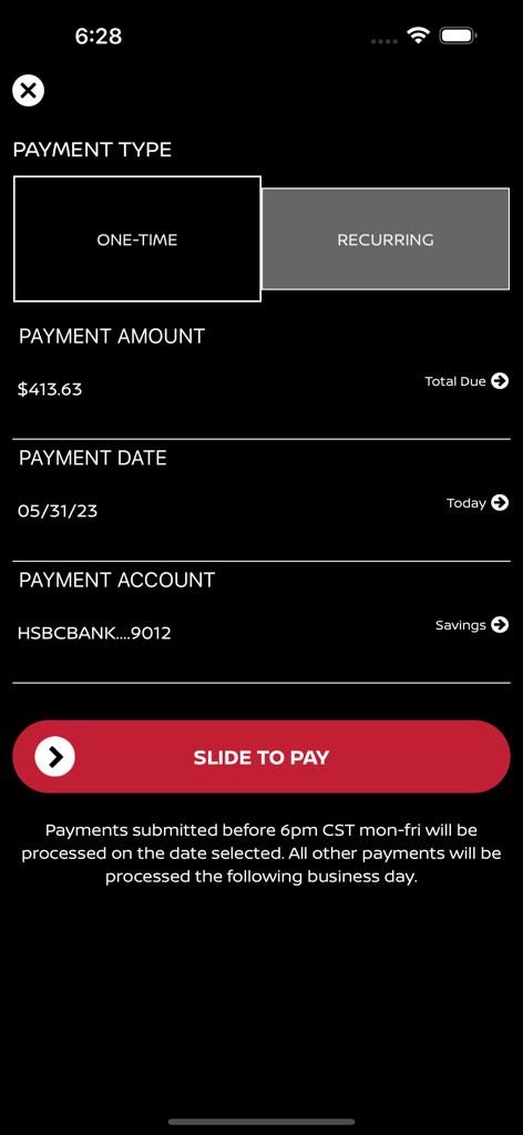 Nissan finance app screen for making a one-time car payment