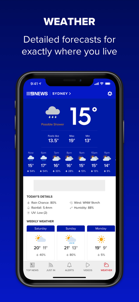 9NEWS - 9NEWS mobile app displaying a detailed weather forecast and weekly outlook for Sydney
