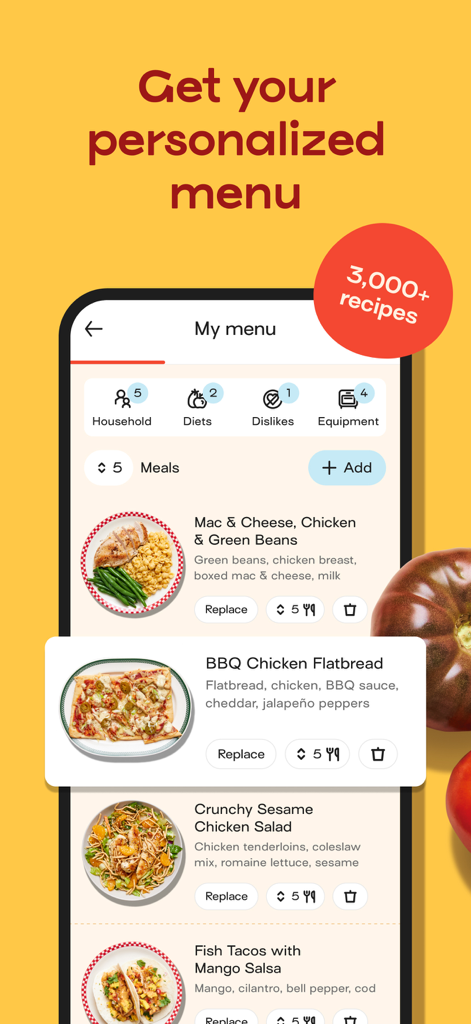 Jow - easy recipes & groceries - Jow app screen displaying a personalized weekly meal menu with various recipe options like BBQ chicken flatbread and sesame chicken salad.