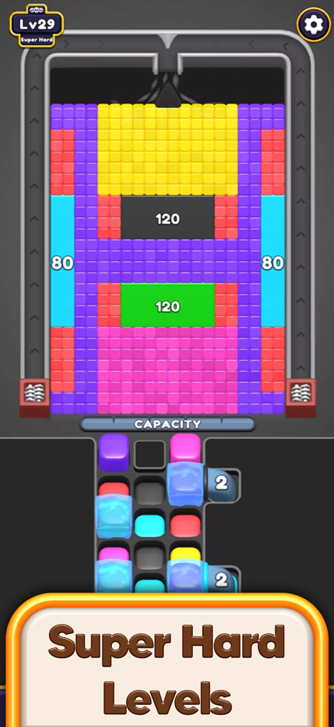 Bounce Blast 3D - Gameplay screenshot of Bounce Blast 3D showing a super hard puzzle level with colorful blocks
