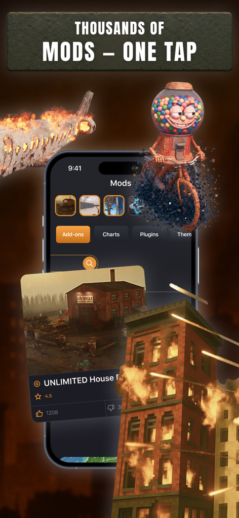Interface de l'application compagnon Teardown Game montrant différents mods avec des arrière-plans de destruction de style voxel et un personnage à vélo.