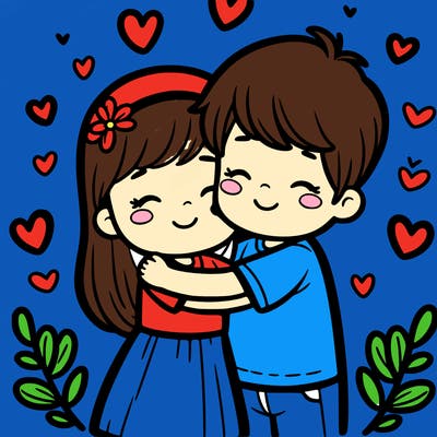 a girl hugging a boy with hearts around them