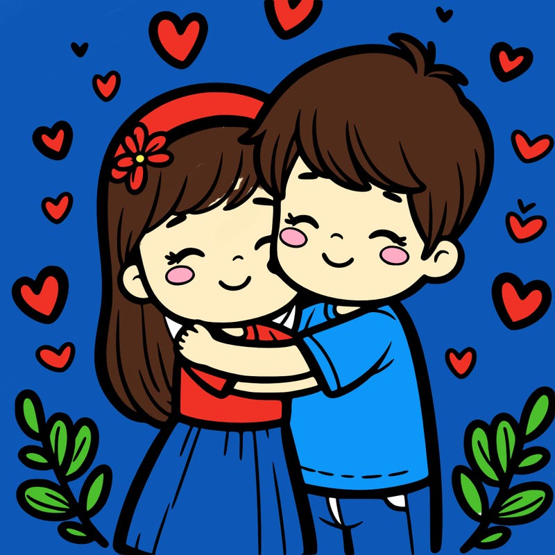 a girl hugging a boy with hearts around them