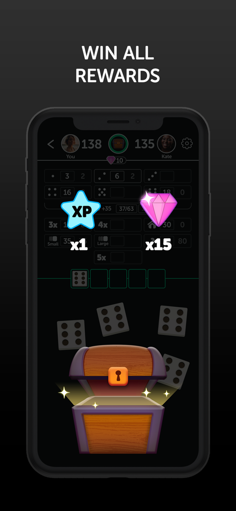 A treasure chest opening in the Lucky Rollers dice game to reveal XP and diamond rewards.