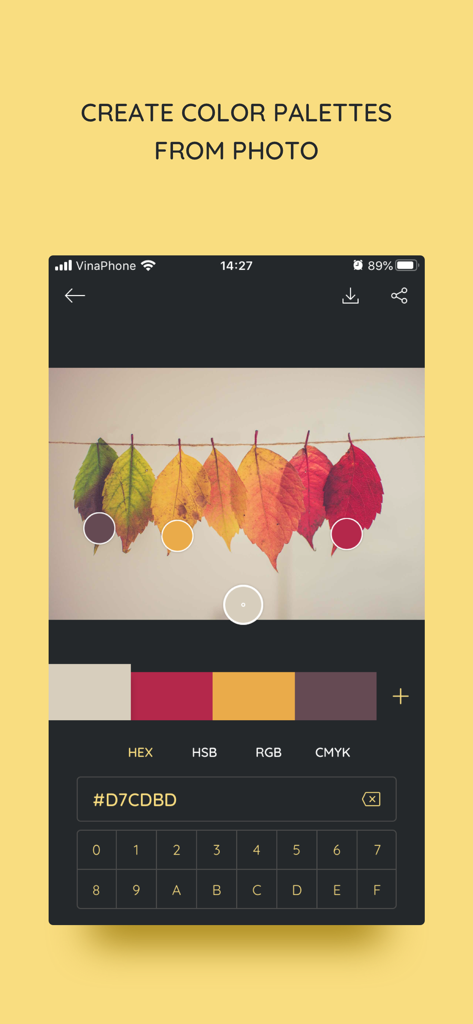 iPalettes app interface showing the creation of a color palette by extracting hex codes from a photo of autumn leaves.