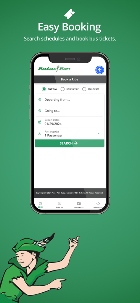Peter Pan Bus Lines - Peter Pan Bus Lines mobile app booking screen showing ride search options