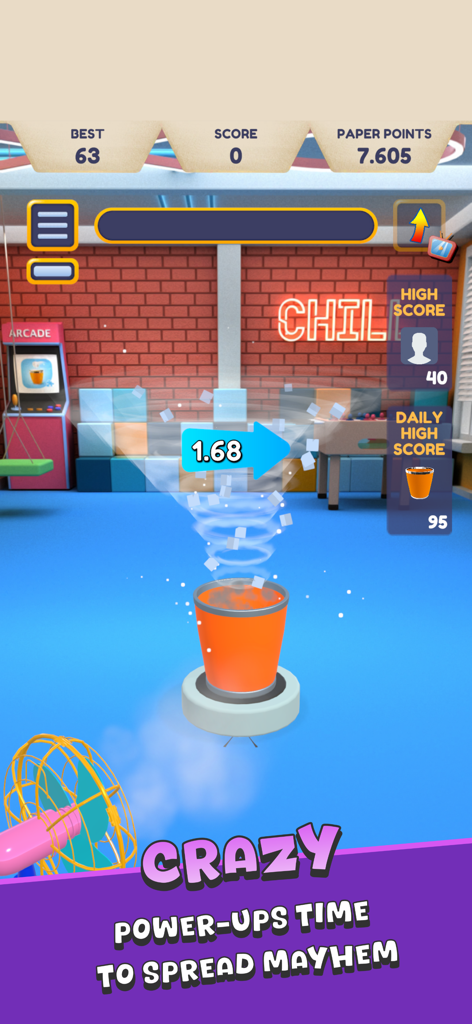 Paper Toss + - Jugabilidad de Paper Toss Plus con una papelera y un indicador de velocidad del viento en la sala de descanso de una oficina.