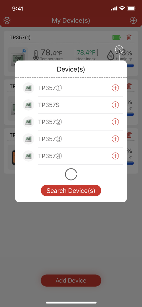 ThermoPro Sensor App-Bildschirm, der eine Liste verfügbarer Geräte zur Temperatur- und Luftfeuchtigkeitsüberwachung anzeigt