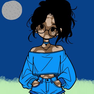 girl with a messy ponytail glasses a baggy crop top and jean shorts