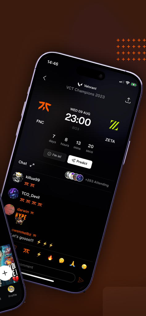Captura de pantalla de la aplicación Fnatic que muestra un temporizador de cuenta atrás de un partido de Valorant y una sala de chat comunitaria en vivo con interacciones de fans.