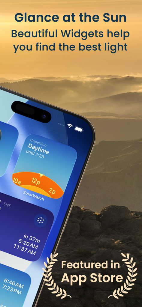 iPhone screen showing SolarWatch widgets for sun tracking and golden hour planning over a landscape