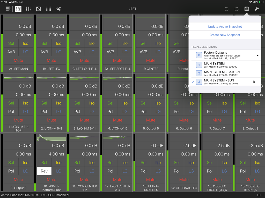 Compass Go by Meyer Sound - Compass Go app interface displaying audio channel strips and a system snapshot selection menu