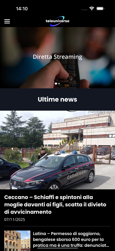 Teleuniverso - Interfaccia dell'app mobile Teleuniverso che mostra lo streaming in diretta e le ultime notizie regionali dal Lazio