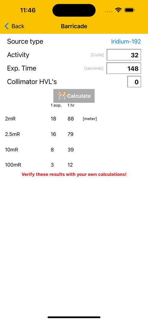 Gamma Calculator Pro barricade distance calculation screen showing radiation safety zones for Iridium 192