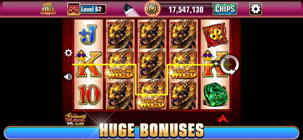 Dragon themed slot machine in Slingo Casino showing a winning line and huge bonuses text