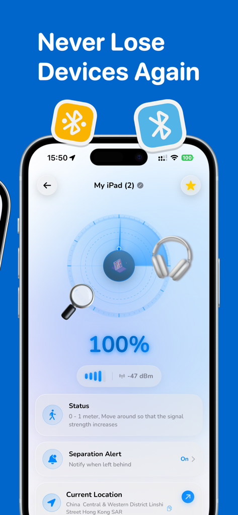 Device Finder Bluetooth Track - Interfaz de la aplicación móvil mostrando un radar de intensidad de señal para rastrear un dispositivo Bluetooth perdido