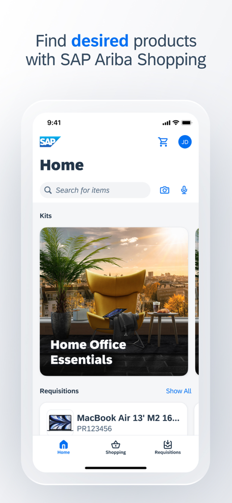 SAP Ariba Shopping - La pantalla de inicio de la aplicación SAP Ariba Shopping para compras corporativas.