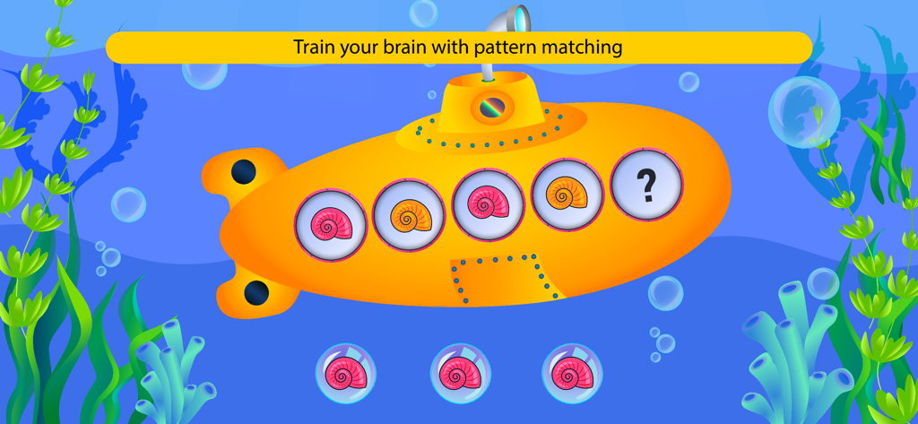 Underwater pattern matching game for toddlers featuring a yellow submarine and colorful sea shells