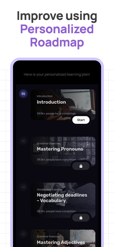 Stimuler- English Speaking App - Pantalla de hoja de ruta personalizada de aprendizaje de inglés en la app Stimuler mostrando ejercicios de gramática y vocabulario.
