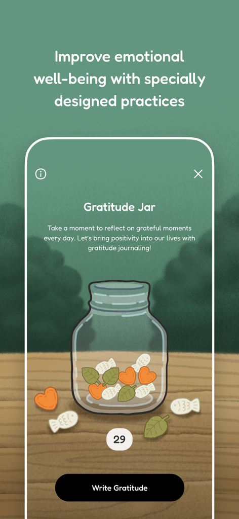 Quabble: Daily Mental Health - A screenshot of the Quabble app showing the Gratitude Jar feature with a glass jar and a button to write gratitude.