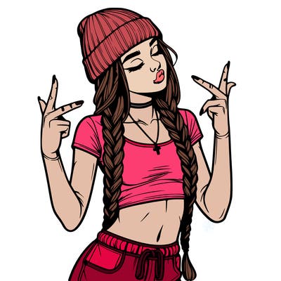realistic teenage girl with braids and a beanie and crop top doing 🫶🏼