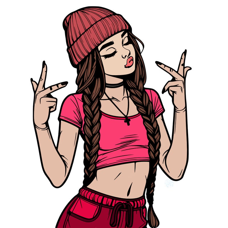 realistic teenage girl with braids and a beanie and crop top doing 🫶🏼