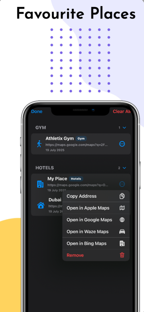 MapSwitch: Convert Map Links! - MapSwitch app interface showing saved favorite places with a context menu to open links in Apple Maps Google Maps Waze or Bing Maps