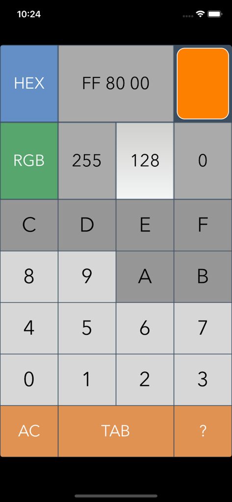 Dev Calc Pro (Hex Dec Oct Bin) - Interface of Dev Calc Pro showing simultaneous hex and rgb color conversion with a numeric keypad