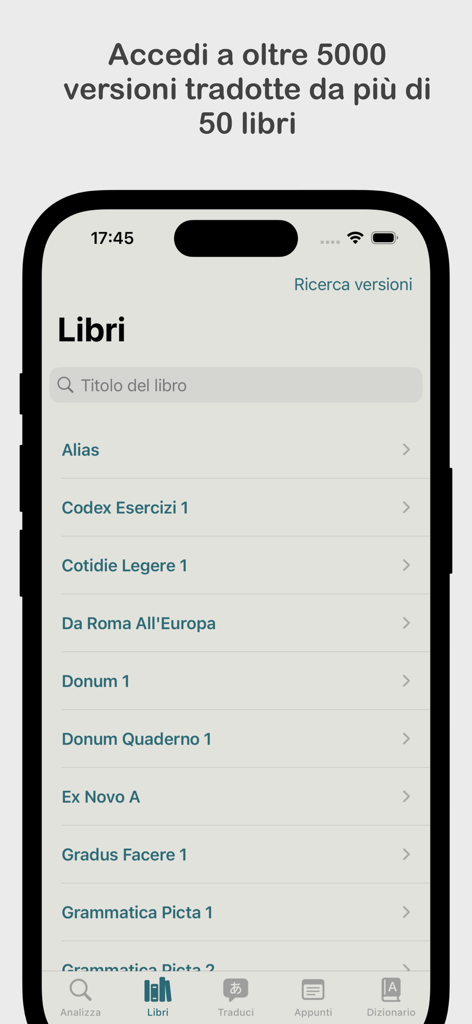 Latinorum - Interface of the Latinorum app showing a searchable list of over 50 translated Latin textbooks