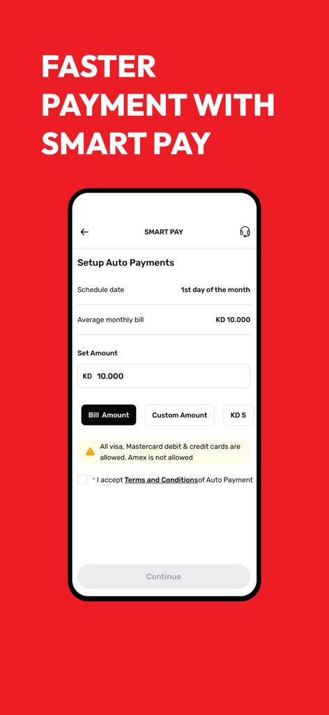 Ooredoo Kuwait - Schermata dell'app mobile Ooredoo Kuwait per la configurazione dei pagamenti automatici intelligenti