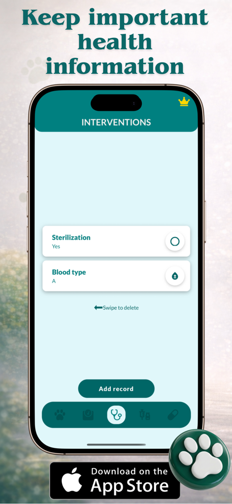 Vet Record - pet health track - Interface showing pet medical interventions and health records in the Vet Record app