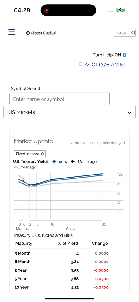 Cibest Capital US app showing fixed income market updates and treasury yield charts