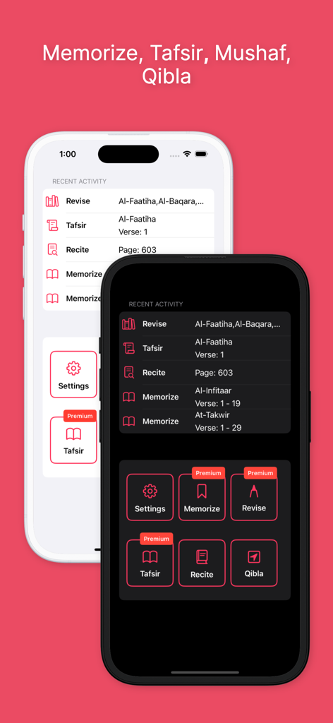 Uma exibição da interface do aplicativo Memorize Quran em modos claro e escuro mostrando vários recursos educacionais