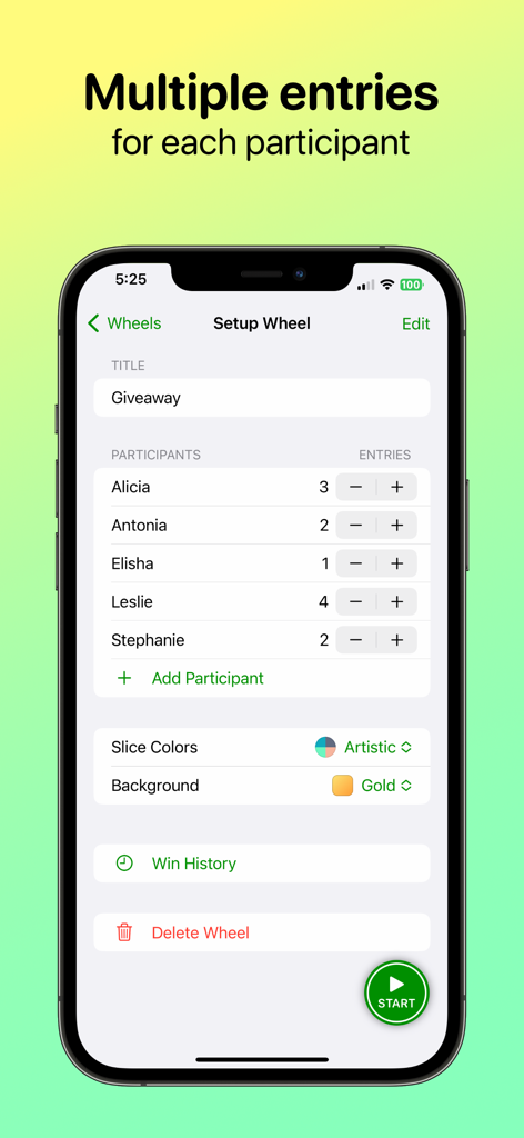 Interface of Winner Wheel app showing setup for a giveaway with multiple entries per participant