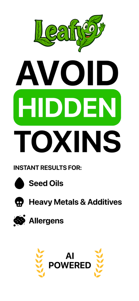 Leafy app promotional screen highlighting AI-powered detection of hidden toxins seed oils heavy metals and allergens