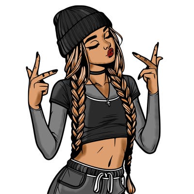 realistic teenage girl with braids and a beanie and crop top doing 🫶🏼