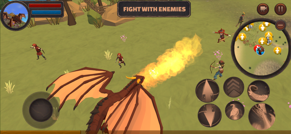 Dragon Life Simulator - A brown dragon breathing fire on human warriors in a 3D simulation game.