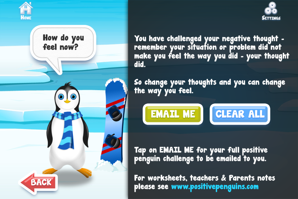 The Positive Penguins app screen showing a penguin character and a message about changing thoughts to improve feelings.